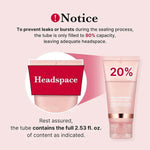 Notice about headspace in collagen night wrapping mask tube, filled to 80% capacity for leak prevention.