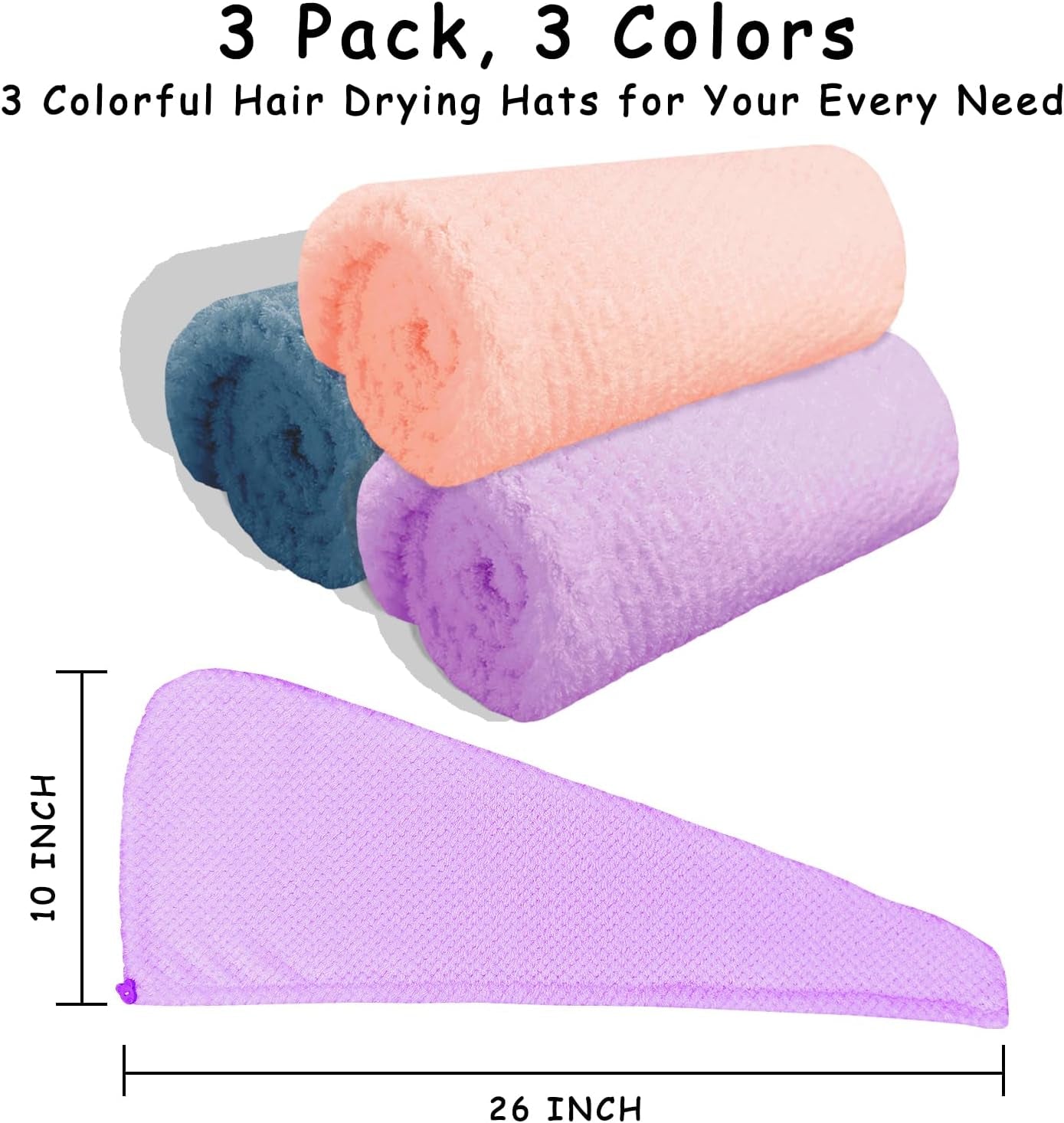 3 PCS Microfiber Hair Towel, Hair Wraps for Women Wet Hair, Hair Turban for All Hair Style anti Frizz, Large Hair Drying Towel with Button