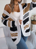 Contrast Color Striped Pocket Long Sleeve Sweater Cardigan