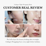 Before and after customer review of Collagen Night Wrapping Mask showing improved skin elasticity and hydration.