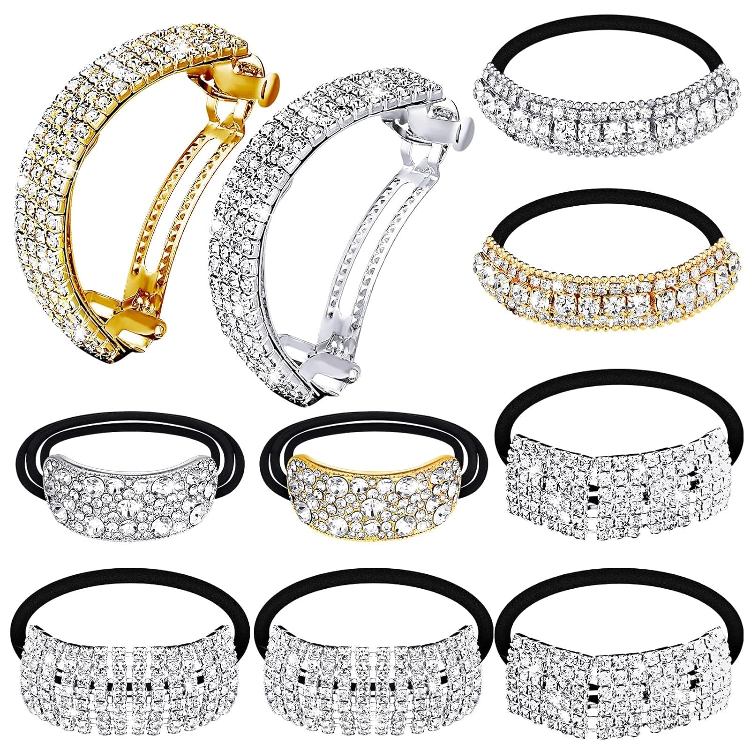 10 Pcs Rhinestones Hair Ties Bling Hair Bands and Clip Barrettes Glitter Crystal Ponytail Holders Silver Gold Scrunchies Accessories for Valentine'S Day Women Girls Birthday Mother'S Day Gift