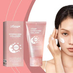 Hydrolyzed collagen face mask packaging and model applying mask for skin hydration and elasticity.