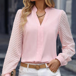 V-neck Long-sleeved Chiffon Shirt Lace Stitching Solid Color Tops Women Clothing