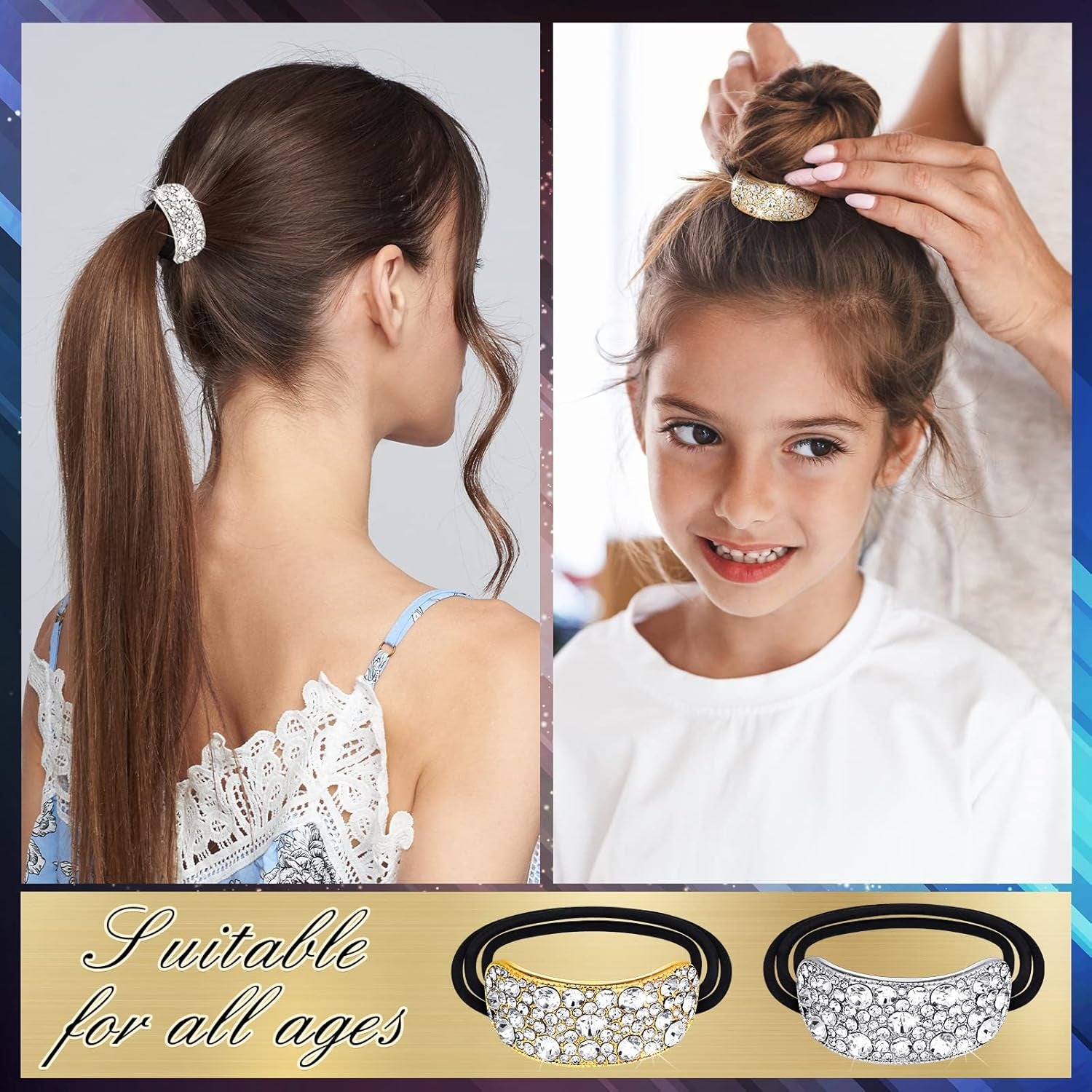 10 Pcs Rhinestones Hair Ties Bling Hair Bands and Clip Barrettes Glitter Crystal Ponytail Holders Silver Gold Scrunchies Accessories for Valentine'S Day Women Girls Birthday Mother'S Day Gift