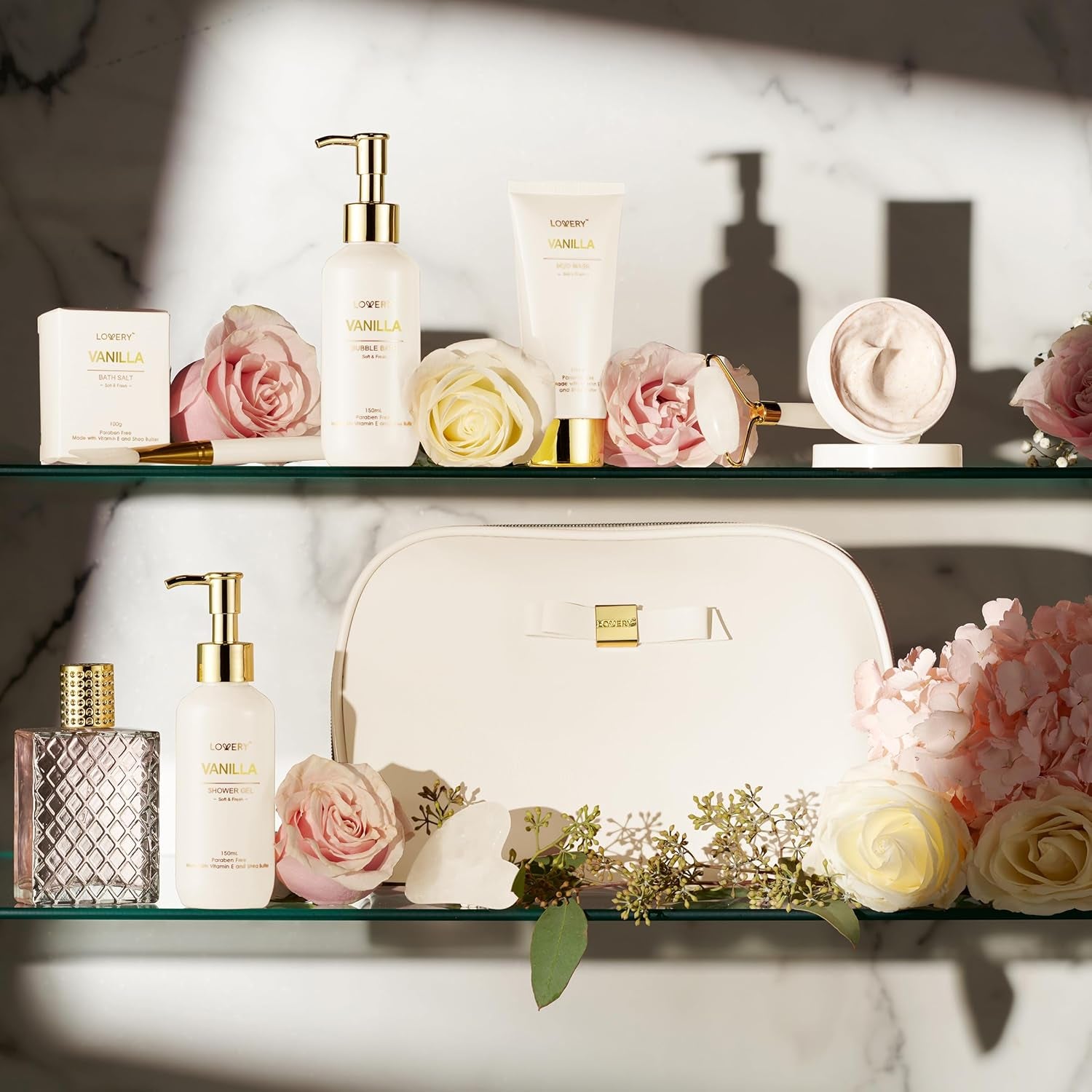 Valentines Day Gifts for Women, Vanilla Spa Gift Basket for Women - Self Care Kit Bath Set with Shower Gel, Bubble Bath, Perfume, Gua Sha, Jade Roller - Birthday Gift Set for Women, Mom, Mother'S Day