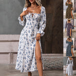 Flowers Printing Long Sleeve Dress Fashion Square-neck Bottom Slit Dresses Womens  Clothing