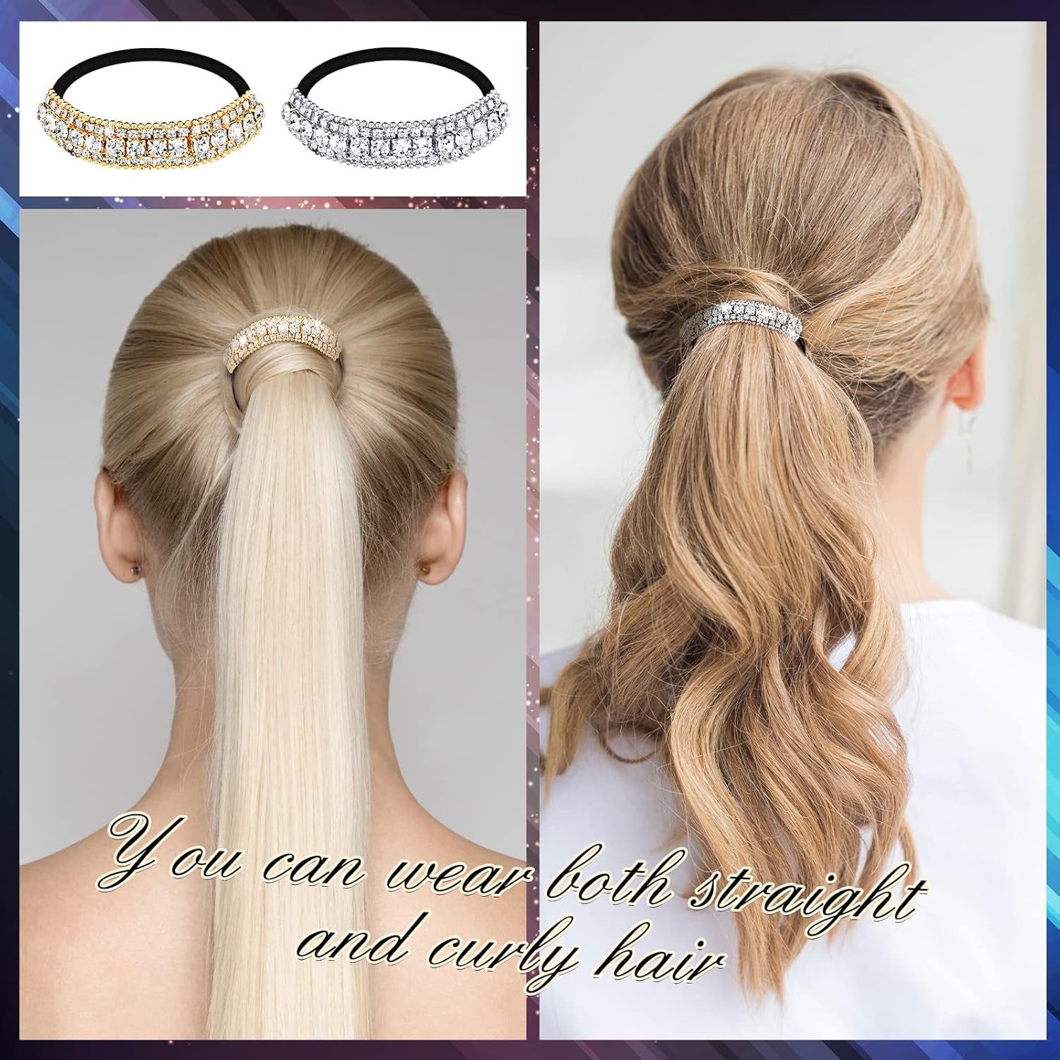 10 Pcs Rhinestones Hair Ties Bling Hair Bands and Clip Barrettes Glitter Crystal Ponytail Holders Silver Gold Scrunchies Accessories for Valentine'S Day Women Girls Birthday Mother'S Day Gift