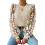 Women's Mesh Small Flower Chiffon Shirt Summer Round Neck Long Sleeve Top