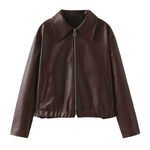 Solid Color Lapel Zipper Jacket Fashion Casual Long Sleeve Leather Coat Tops Women Clothing