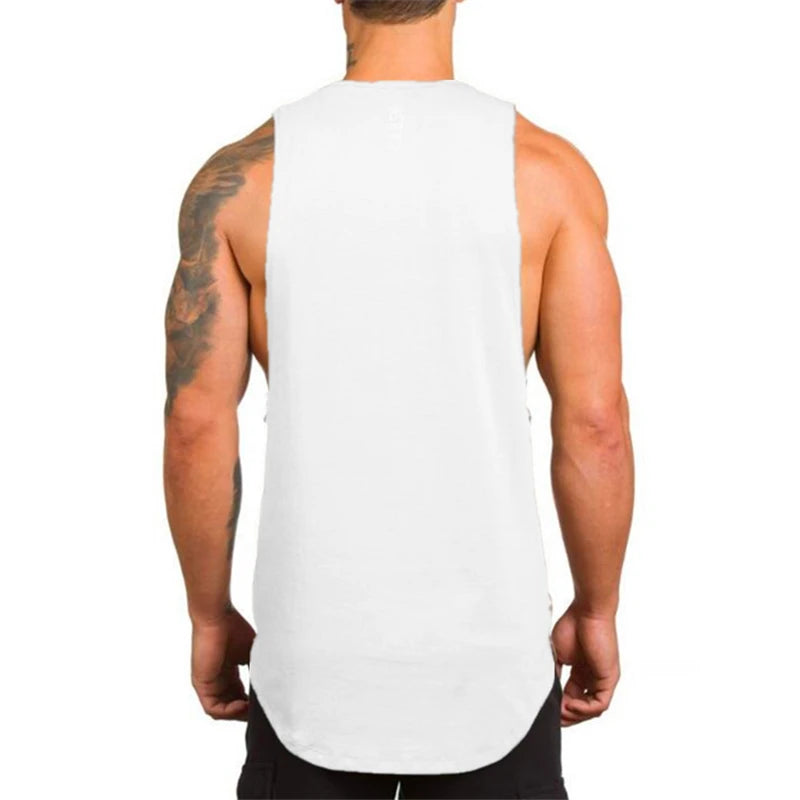 Back view of a man wearing a Men’s Gym Vest Bodybuilding Tank Top Fitness Stringer Workout Wear in white.