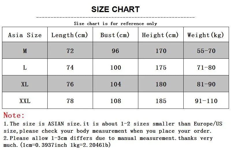 Men’s Gym Vest Bodybuilding Tank Top Fitness Stringer Workout Wear size chart with dimensions for M, L, XL, and XXL.