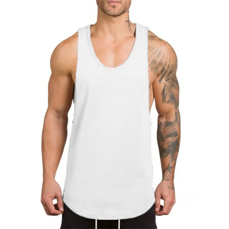 Men’s Gym Vest Bodybuilding Tank Top Fitness Stringer Workout Wear model showcasing muscle definition and comfort.