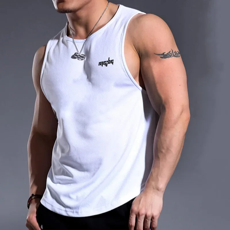Men’s Gym Tank Top Quick-Dry Fitness Running Vest Bodybuilding Shirt modeled by a muscular man in a stylish white vest.