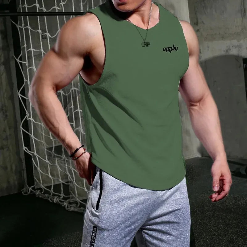 Men’s Gym Tank Top Quick-Dry Fitness Running Vest Bodybuilding Shirt on a muscular man in a gym setting.