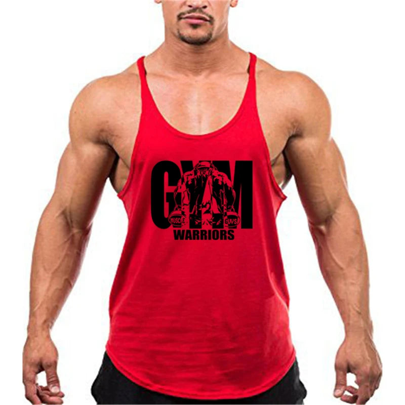 Men’s Gym Tank Top Cotton Y-Back Fitness Muscle Bodybuilding Vest worn by a muscular man in red, showcasing gym attitude.