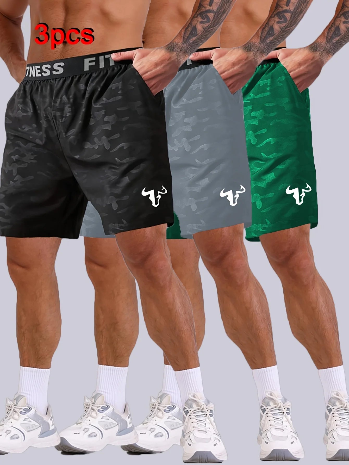 Men's Bull Print Sports Shorts 3-Piece Set showcasing three colors: black, gray, and green, designed for athletic performance.