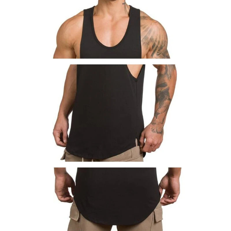 Men’s Gym Vest Bodybuilding Tank Top Fitness Stringer Workout Wear displayed on a model showing muscle definition and comfort.