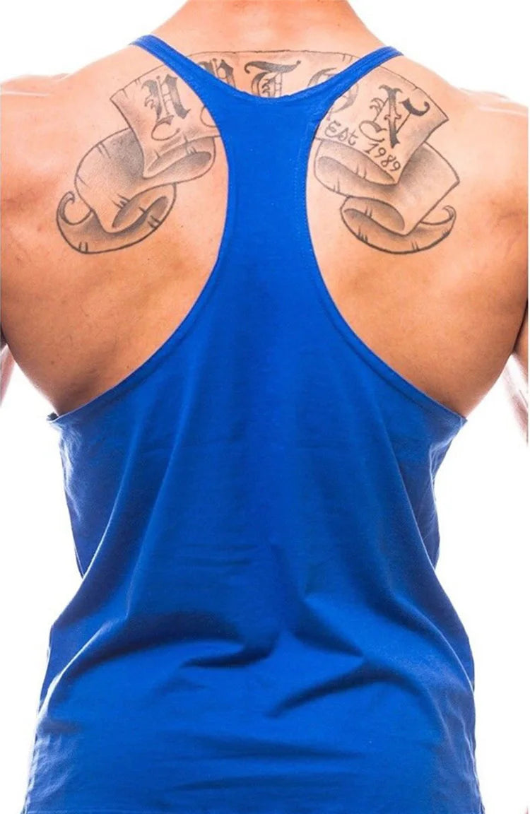 Men’s Gym Tank Top Cotton Y-Back Fitness Muscle Bodybuilding Vest showing back design and tattoos