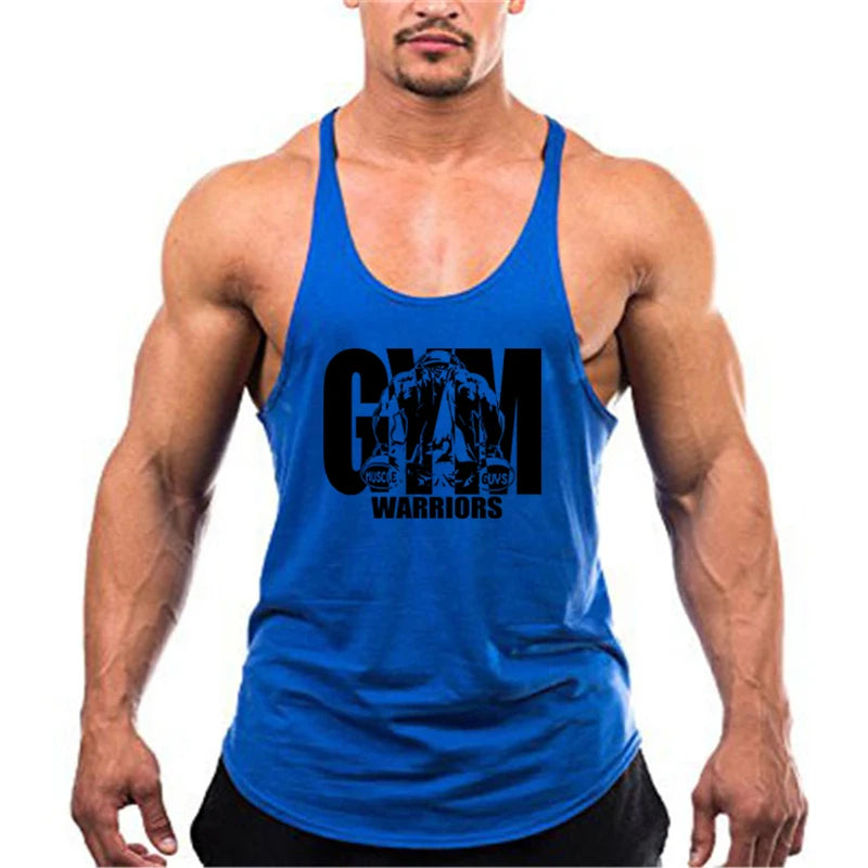 Men’s Gym Tank Top Cotton Y-Back Fitness Muscle Bodybuilding Vest worn by a muscular man in a blue tank top.
