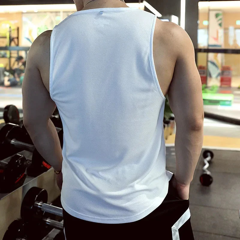Men’s Gym Tank Top Quick-Dry Fitness Running Vest Bodybuilding Shirt in white, showcasing back view during workout.