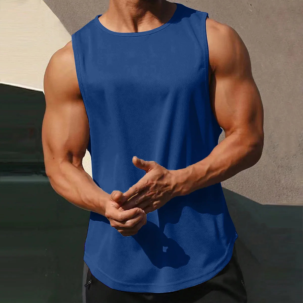 Men’s Summer Gym Cotton Tank Top Sleeveless Vest in blue, perfect for workouts and casual summer wear.