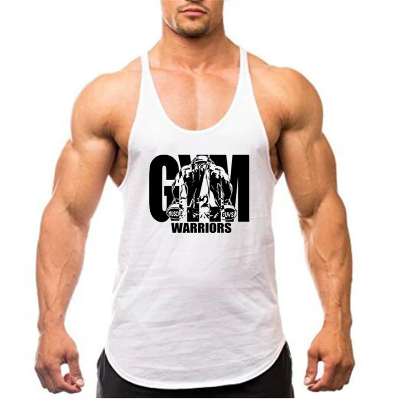 Men’s Gym Tank Top Cotton Y-Back Fitness Muscle Bodybuilding Vest worn by muscular man with gym logo.
