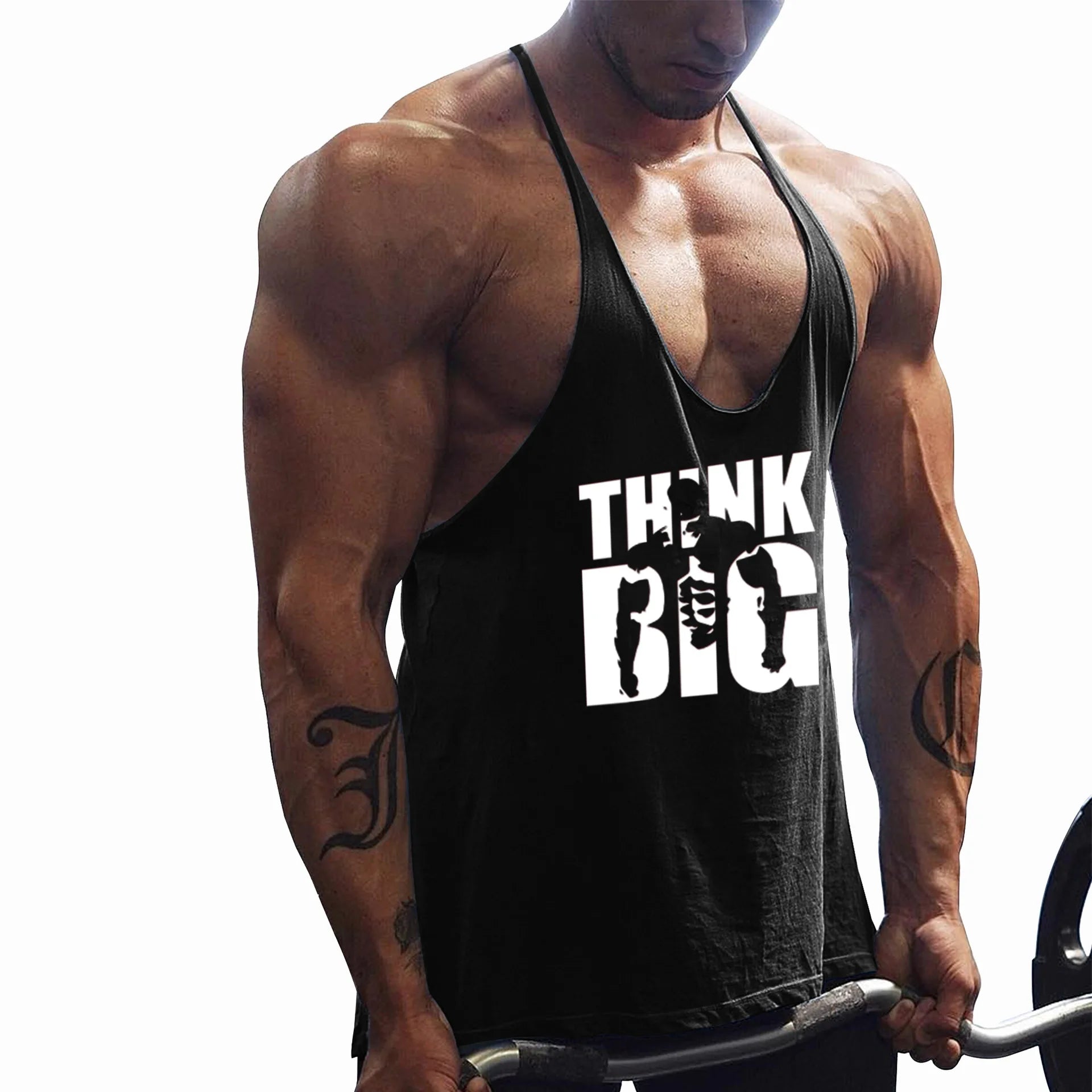 Men’s Gym Hooded Tank Top Cotton Sleeveless Fitness Workout Vest worn by a muscular man lifting weights, promoting fitness.