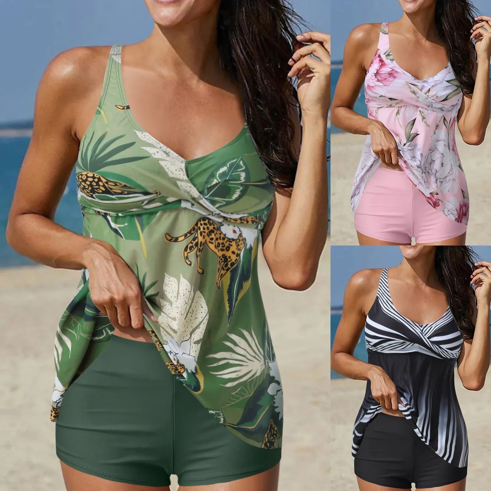 Ladies Plus Size Flower Print Retro Split Swimsuit Women