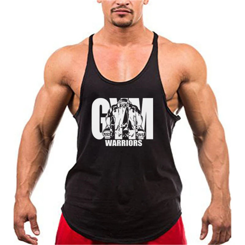 Men’s Gym Tank Top Cotton Y-Back Fitness Muscle Bodybuilding Vest worn by a muscular man, showcasing style and performance.