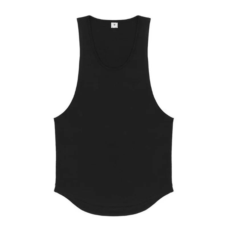 Men’s Gym Vest Bodybuilding Tank Top Fitness Stringer Workout Wear in black color, perfect for weightlifting and muscle definition.