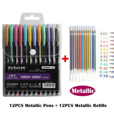 12/24Pcs Metallic Glitter Colors Gel Pens For School Office Adult Coloring Book Journals Drawing Art Markers Promotion Pen