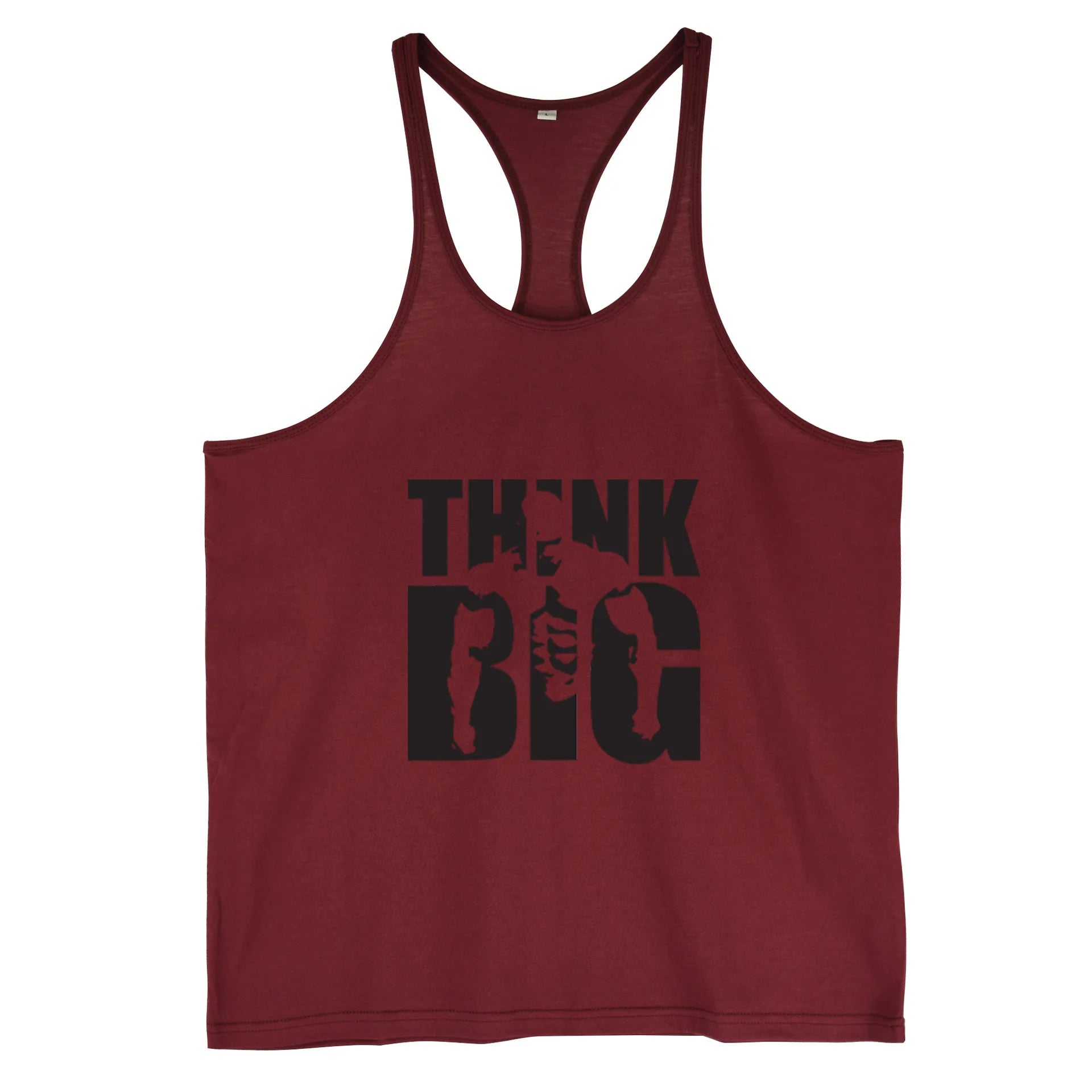 Men’s Gym Hooded Tank Top Cotton Sleeveless Fitness Workout Vest in maroon with 'THINK BIG' print.