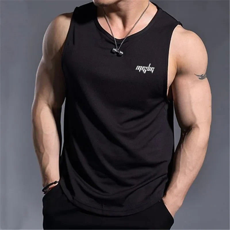 Men’s Gym Tank Top Quick-Dry Fitness Running Vest Bodybuilding Shirt worn by a muscular man in a black sleeveless design.