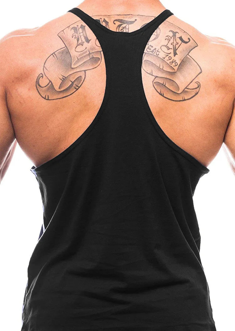 Men’s Gym Tank Top Cotton Y-Back Fitness Muscle Bodybuilding Vest worn by an athlete, showcasing style and muscle definition.
