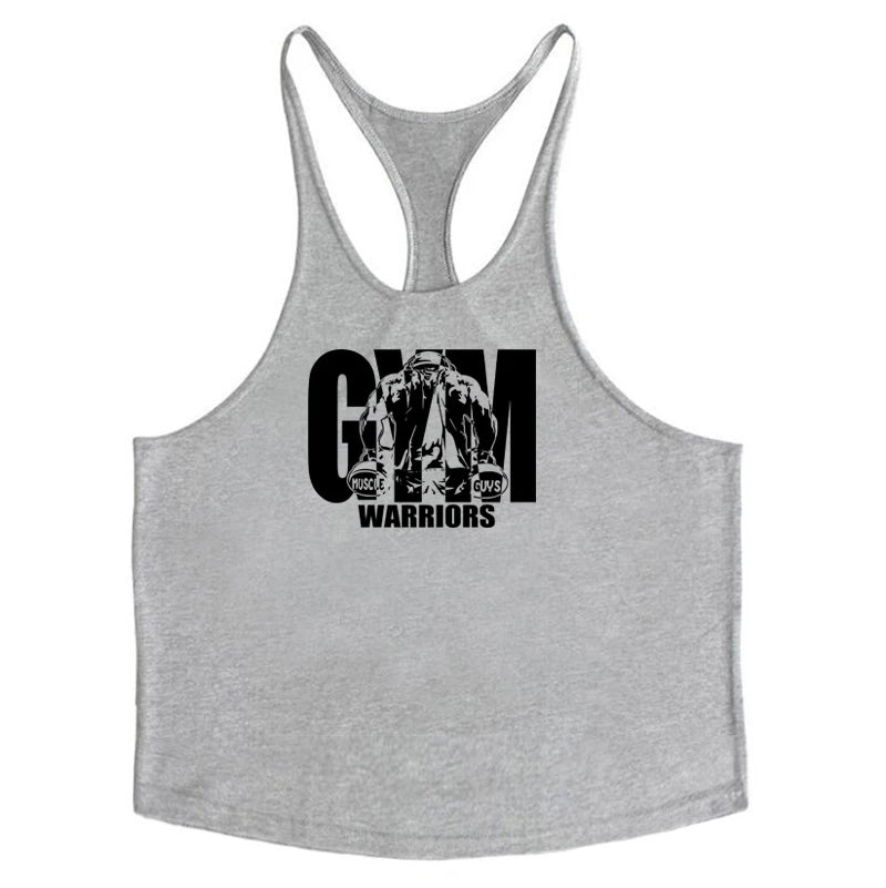 Men’s Gym Tank Top Cotton Y-Back Fitness Muscle Bodybuilding Vest in gray with bold graphic design.