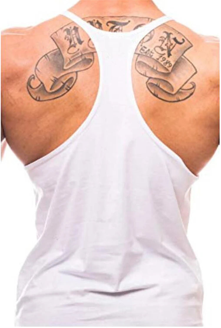 Men’s Gym Tank Top Cotton Y-Back Fitness Muscle Bodybuilding Vest worn by a person showcasing back tattoos.