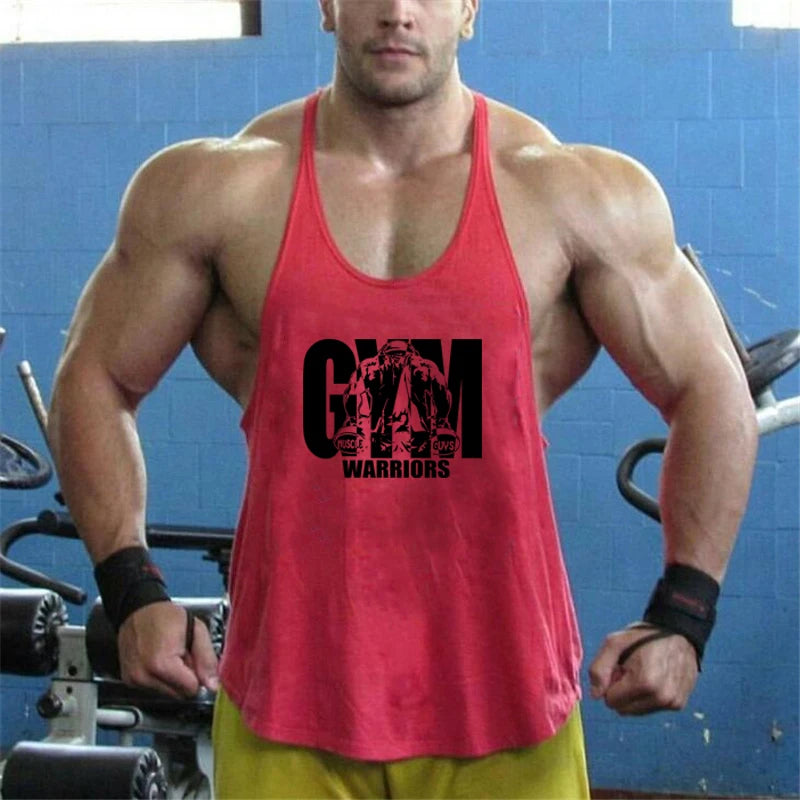 Men’s Gym Tank Top Cotton Y-Back Fitness Muscle Bodybuilding Vest worn by muscular man in gym setting.