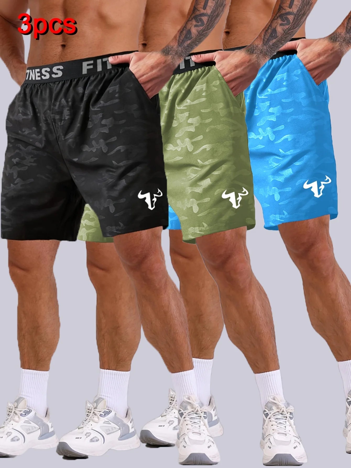 Men's Bull Print Sports Shorts 3-Piece Set featuring black, green, and blue shorts in a stylish athletic design.
