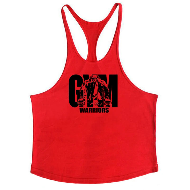 Men’s Gym Tank Top Cotton Y-Back Fitness Muscle Bodybuilding Vest in red with bold 'Gym Warriors' graphic.