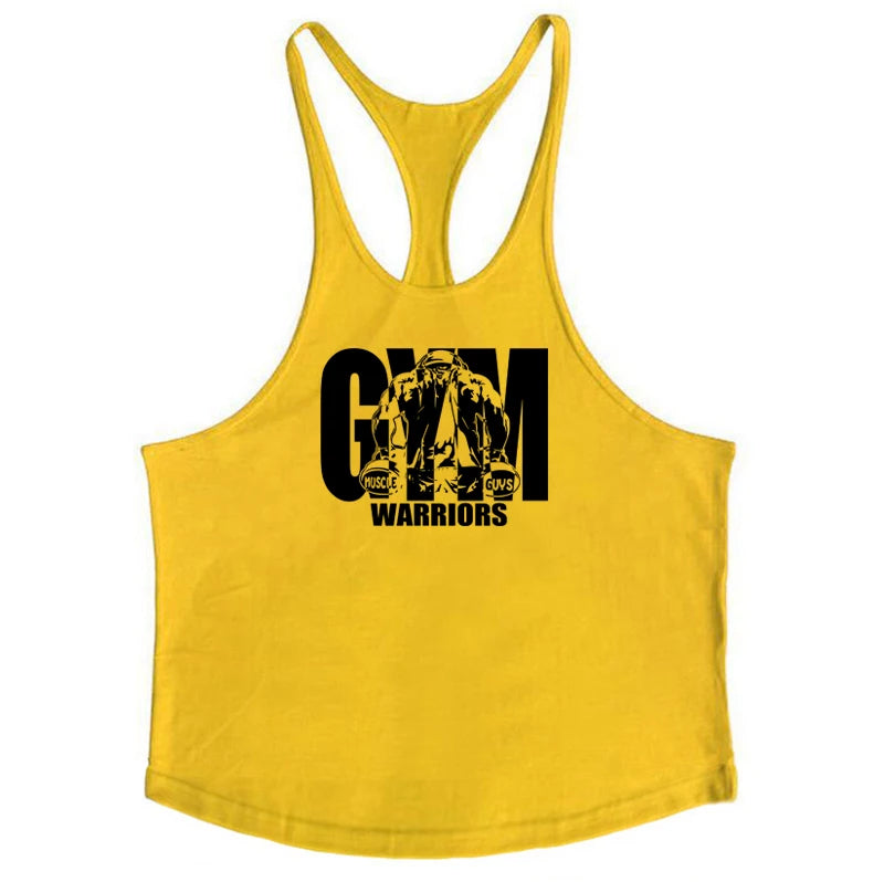 Men’s Gym Tank Top Cotton Y-Back Fitness Muscle Bodybuilding Vest in yellow with bold 'GYM WARRIORS' graphic.
