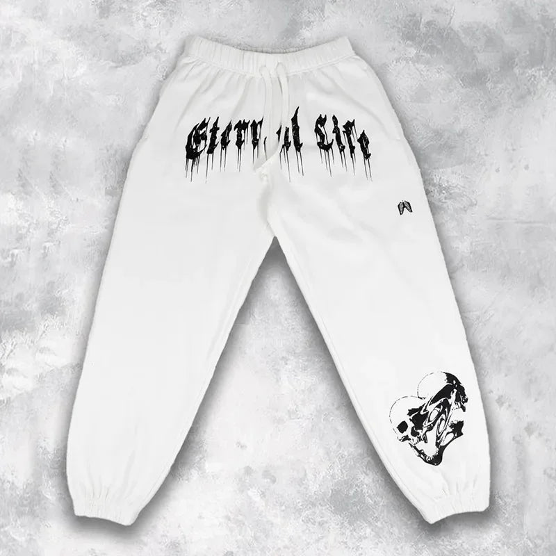 2024 Men’s Sports Pants Casual Gym Training Joggers for New Year in white with 'Eternal Life' graphic design.