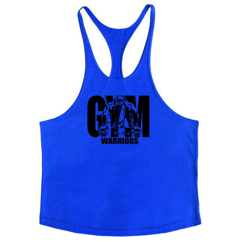 Men’s Gym Tank Top Cotton Y-Back Fitness Muscle Bodybuilding Vest in blue with 'GYM WARRIORS' graphic design.