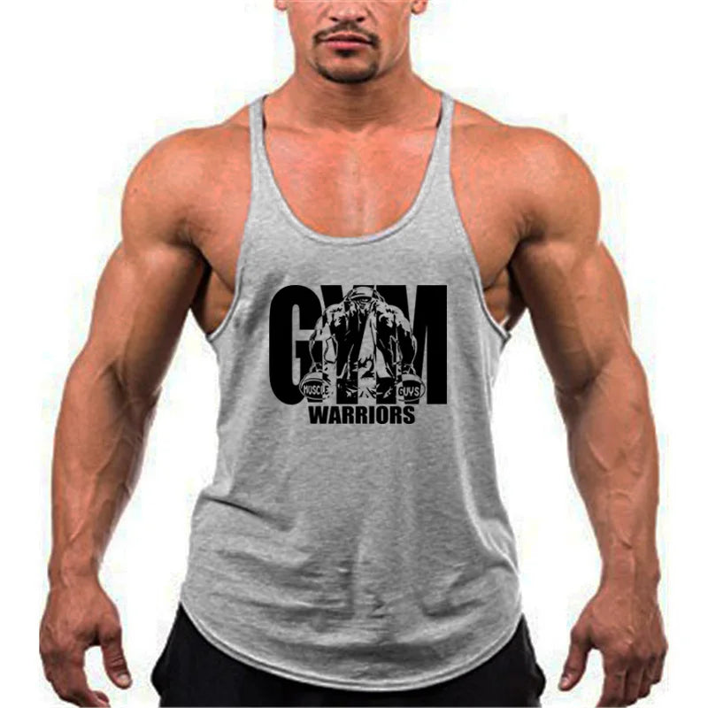 Men’s Gym Tank Top Cotton Y-Back Fitness Muscle Bodybuilding Vest worn by muscular man, displaying athletic design.