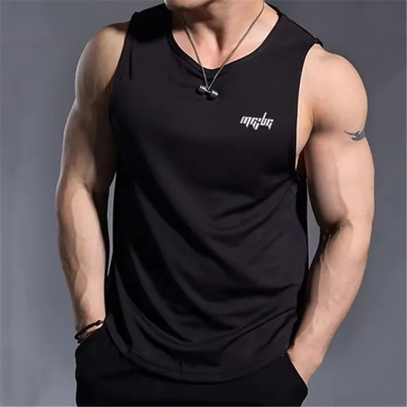 Men’s Gym Tank Top Quick-Dry Fitness Running Vest Bodybuilding Shirt on a muscular man in black.
