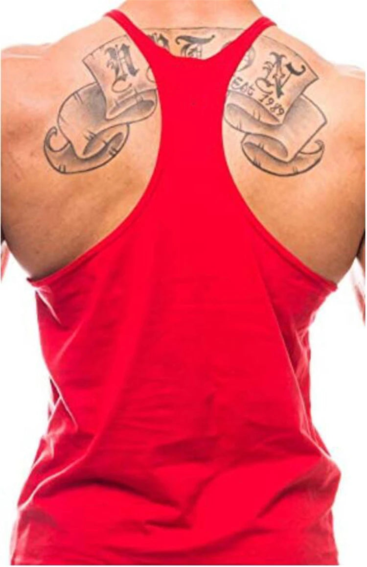 Men’s Gym Tank Top Cotton Y-Back Fitness Muscle Bodybuilding Vest in red showing back and tattoo details.