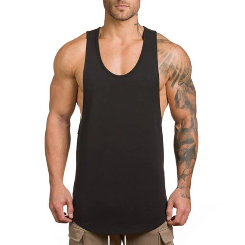 Men’s Gym Vest Bodybuilding Tank Top Fitness Stringer Workout Wear model wearing a black tank top showcasing muscle definition.