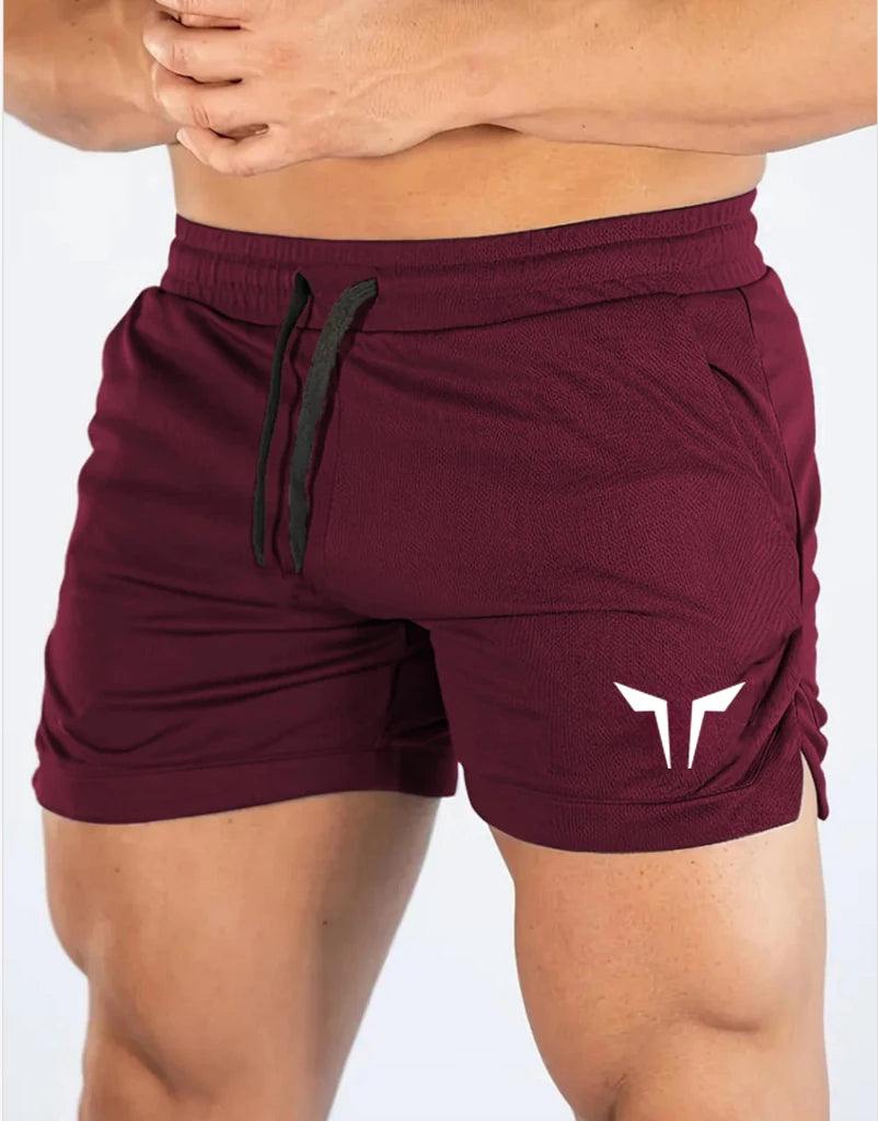 Summer Men's Fitness Shorts Gym Shorts Gyms Short Pants in maroon with black drawstring, designed for comfort and performance.