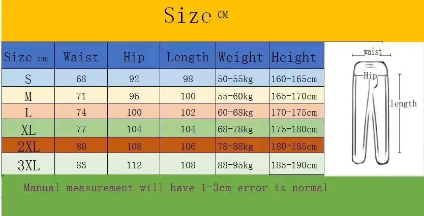 Size chart for 2024 Men’s Sports Pants Casual Gym Training Joggers for New Year showing waist, hip, length, weight, and height.