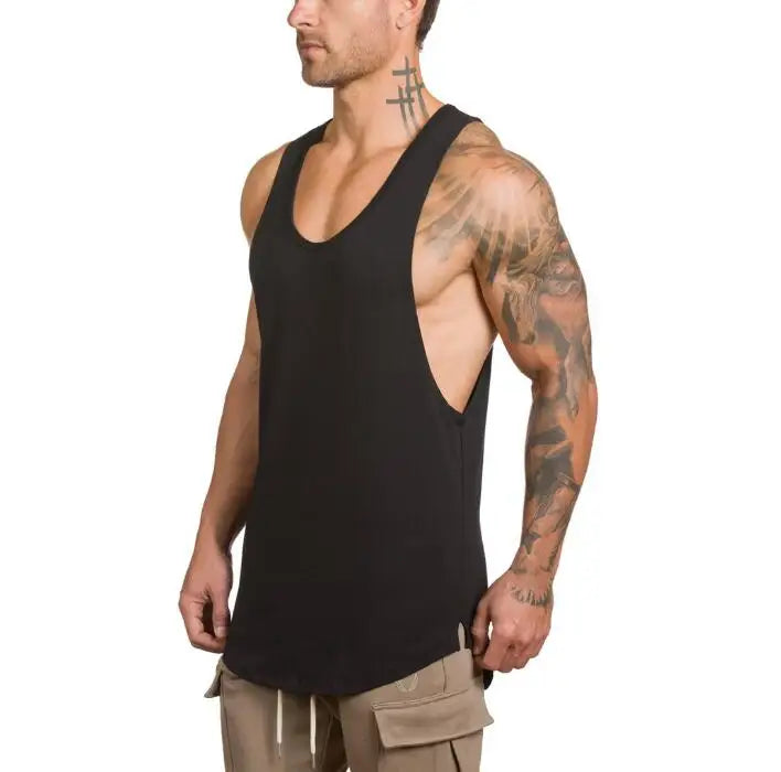 Men’s Gym Vest Bodybuilding Tank Top Fitness Stringer Workout Wear shown on a muscular man in a black tank top.