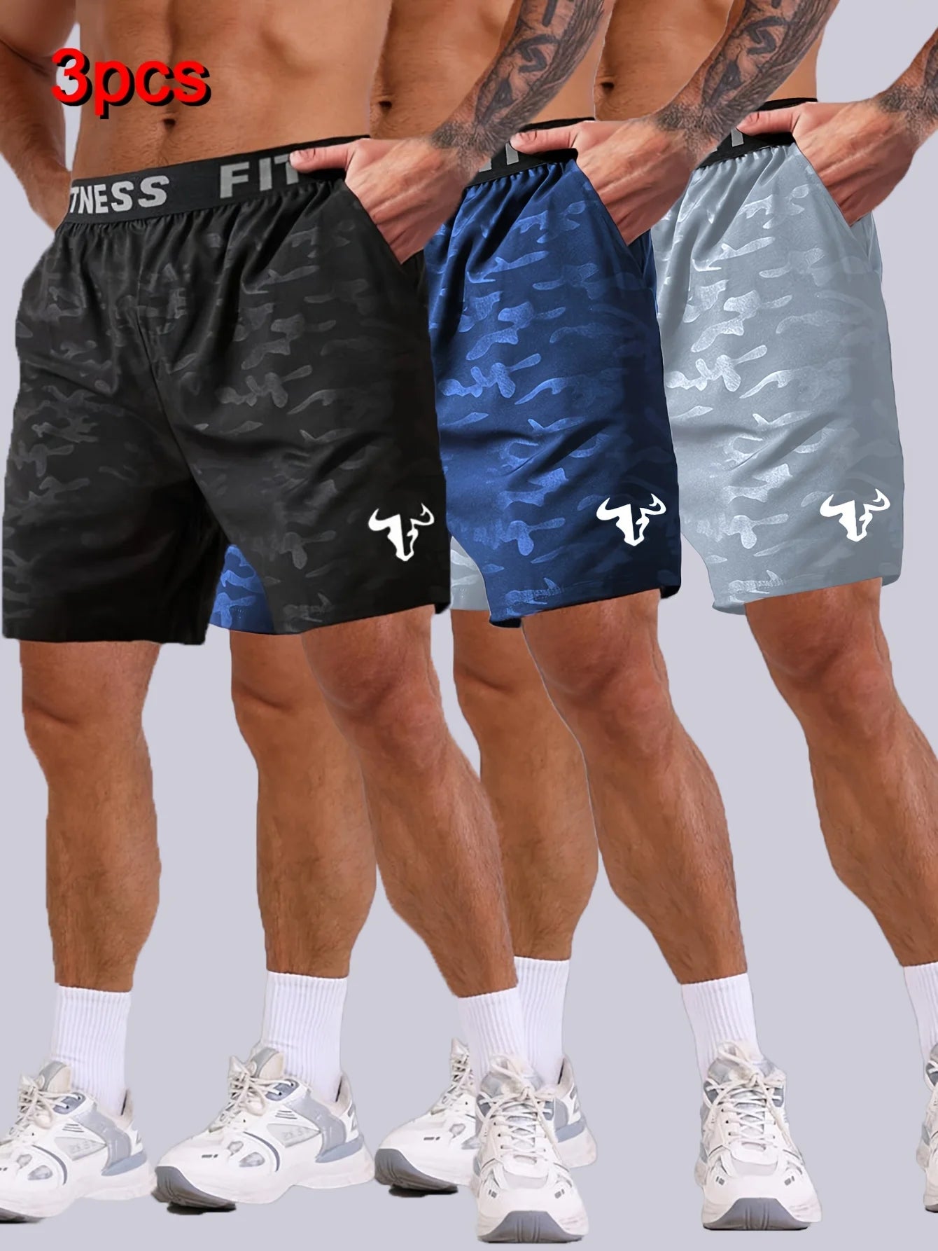 Men's Bull Print Sports Shorts 3-Piece Set in black, navy, and gray for active wear.